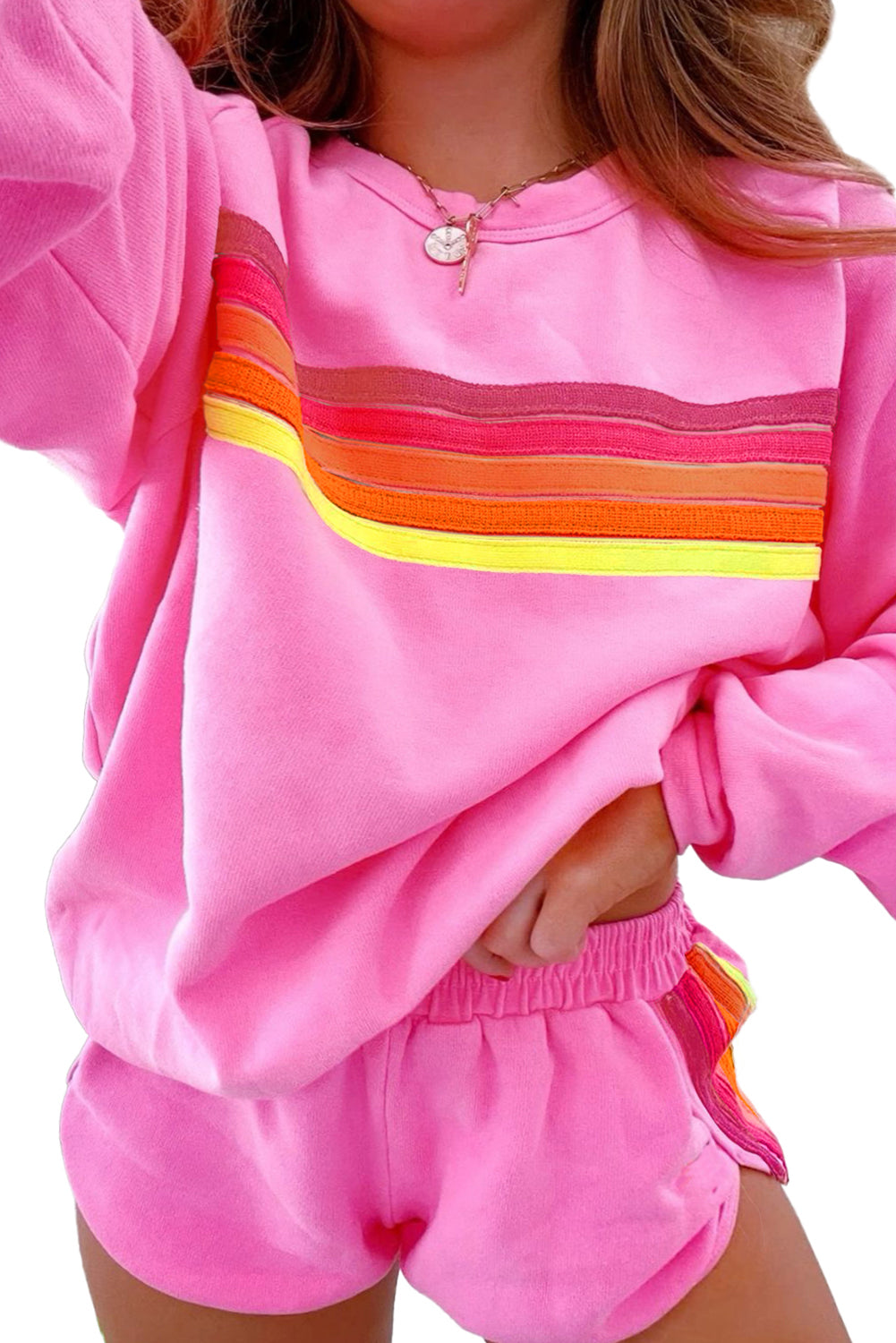 Beau Blue Colorful Striped Long Sleeve Pullover and Shorts Set