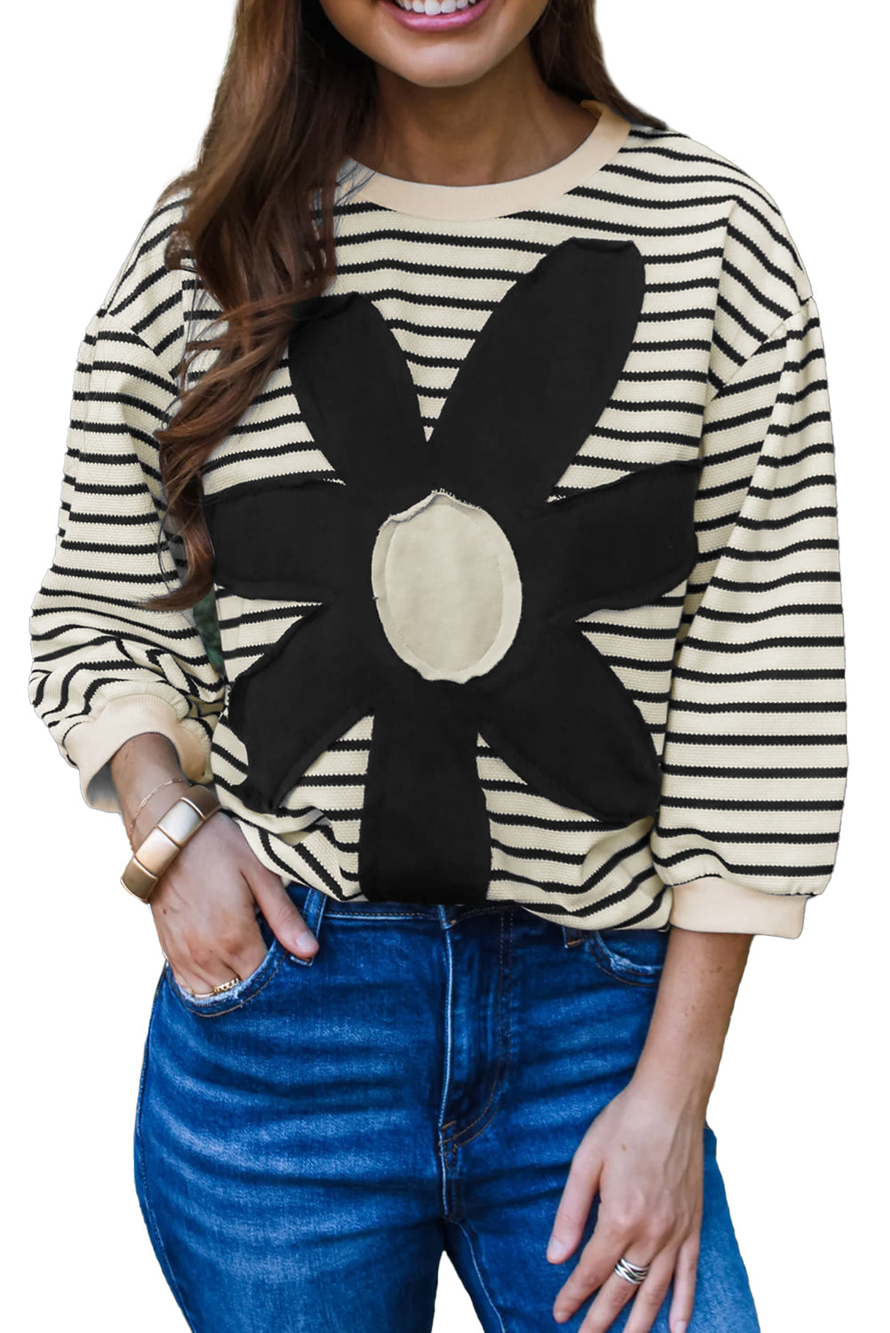 Black White Striped 60s Flower 3/4 Sleeve Top