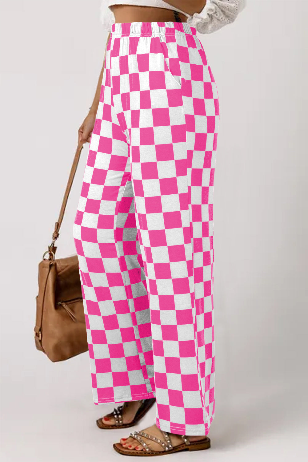 Bonbon Pantalones anchos de cintura alta con estampado de cuadros en dos tonos