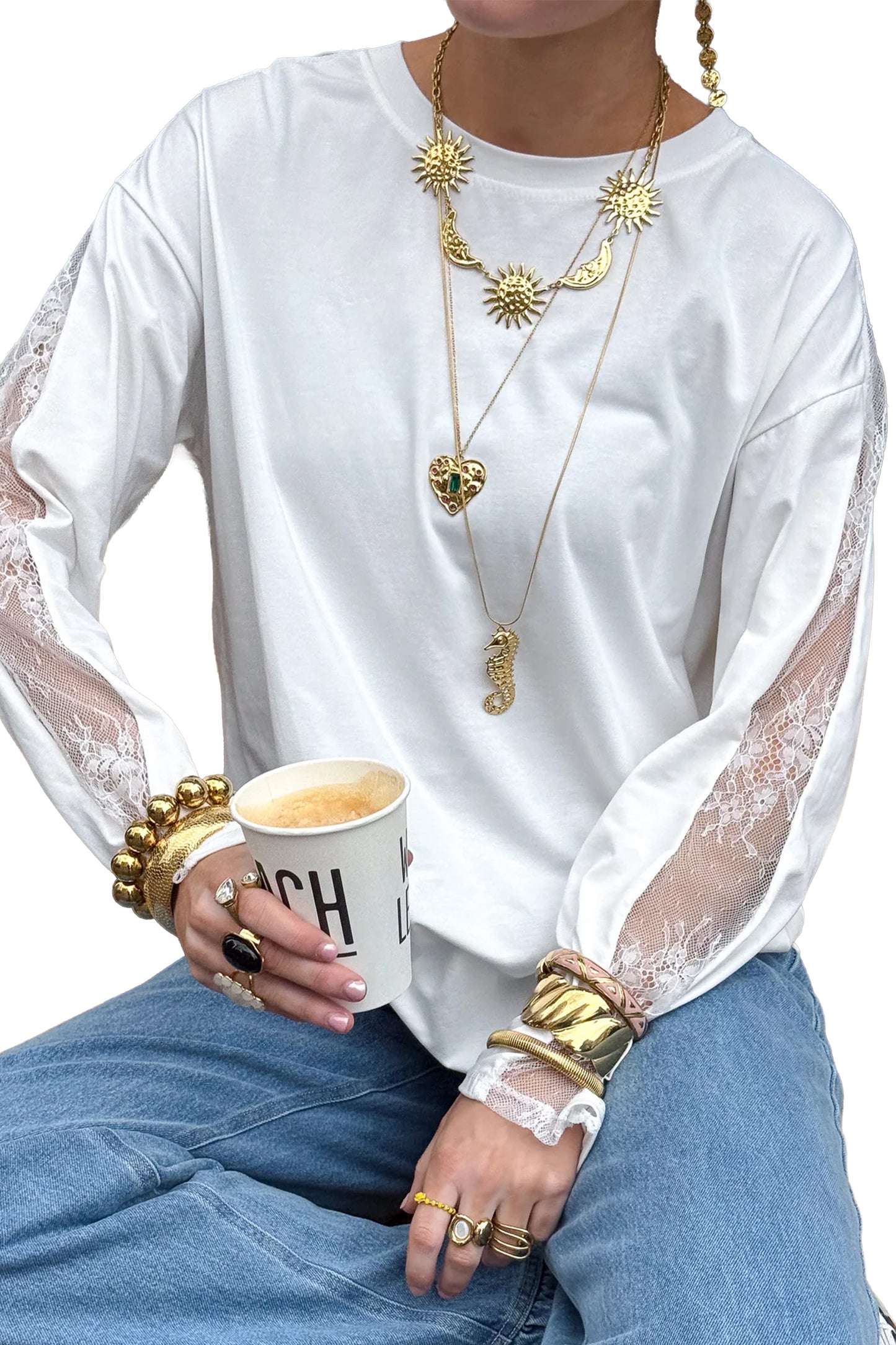 White Sheer Lace Splicing Long Sleeve Shift Top