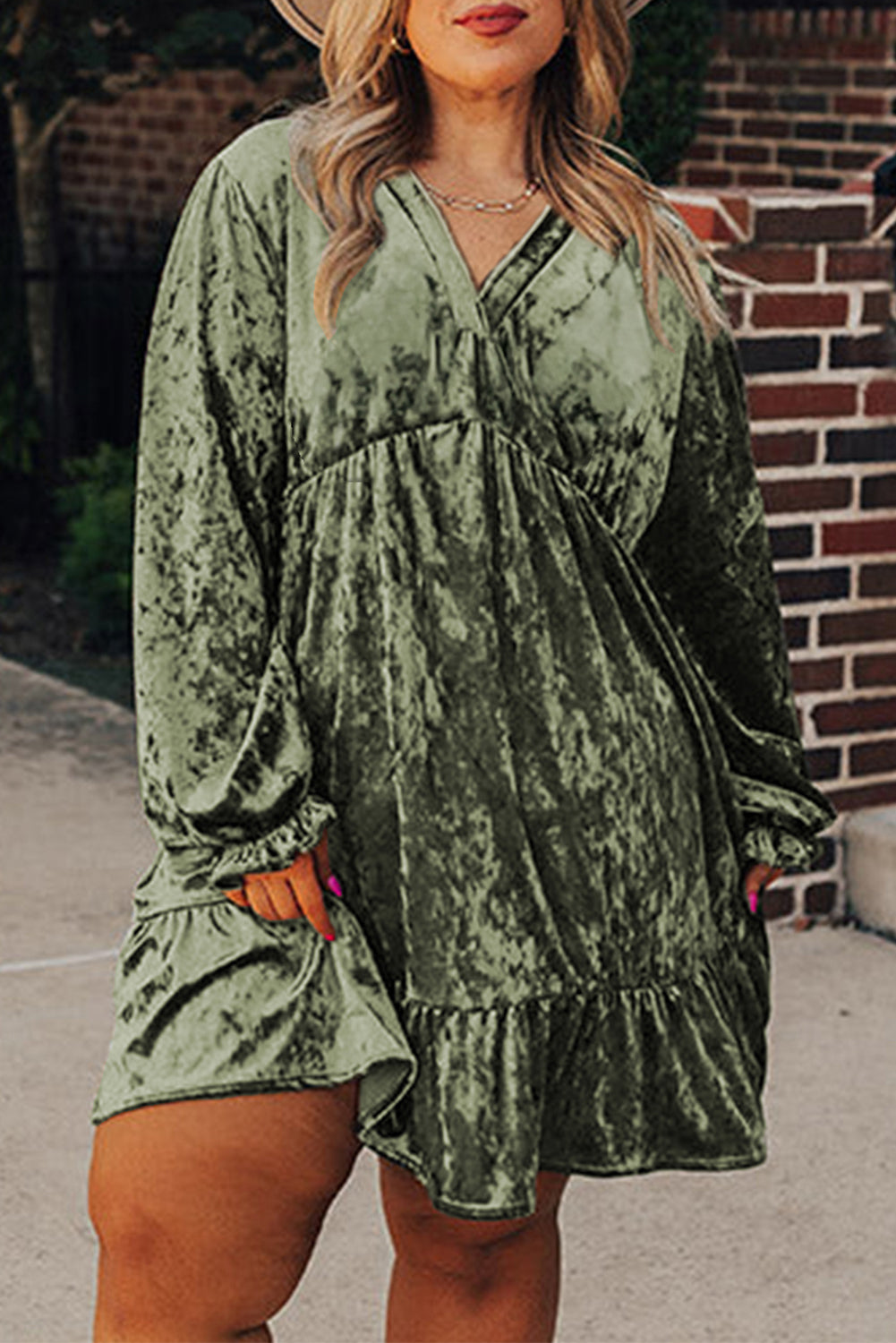 Coffee Plus Size Velvet Babydoll Mini Dress