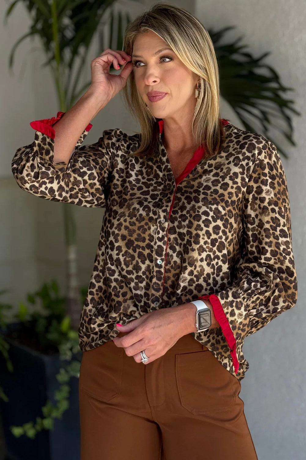 Brown Fierce Leopard Allure Contrast Ruffle Trim V Neck Shirt