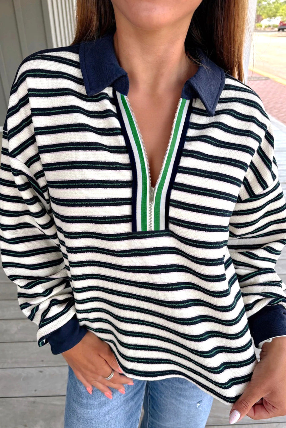 Racing Red Pop of Color V Neck Striped Long Sleeve Top