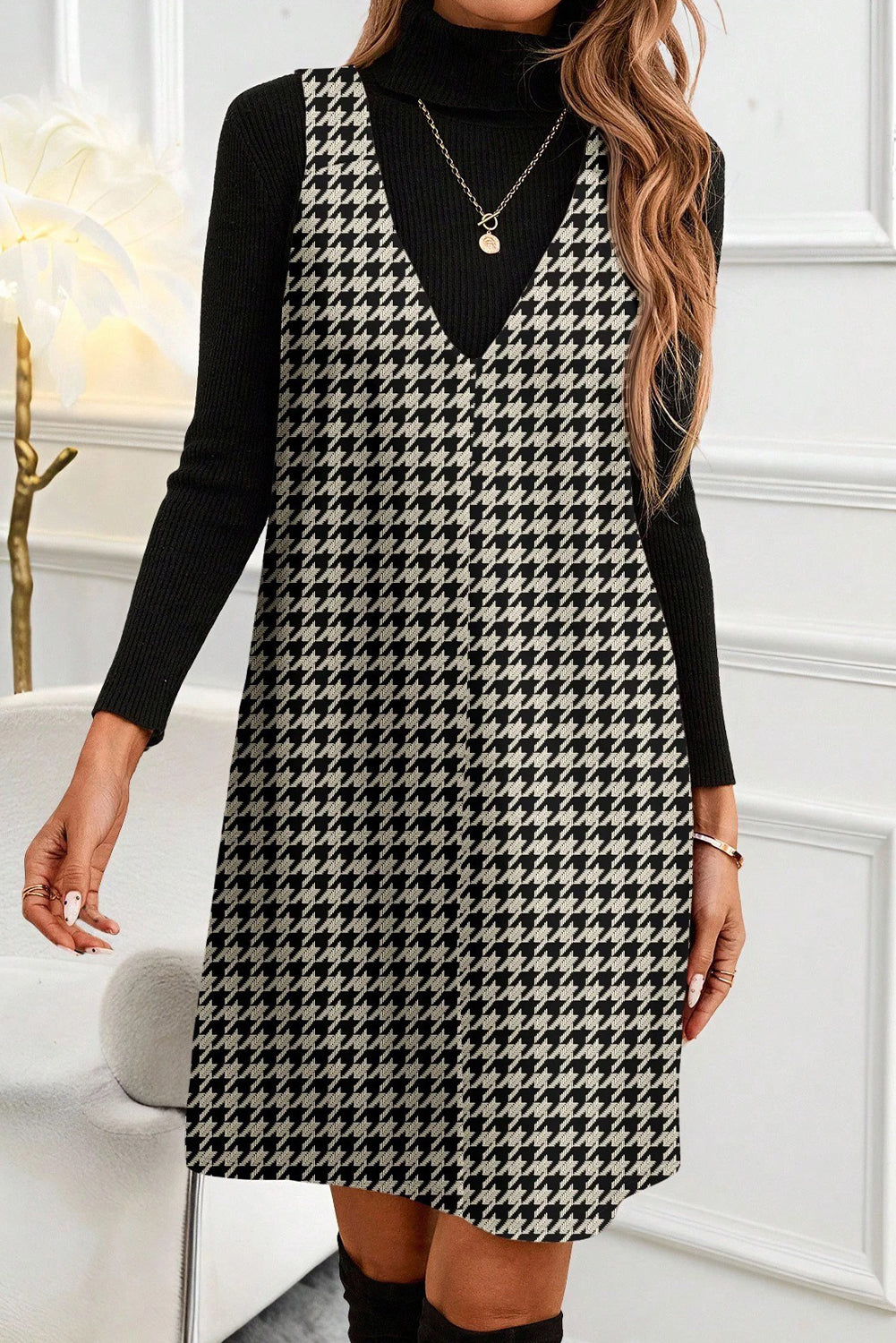 Khaki Houndstooth Print V Neck Sleeveless Mini Dress