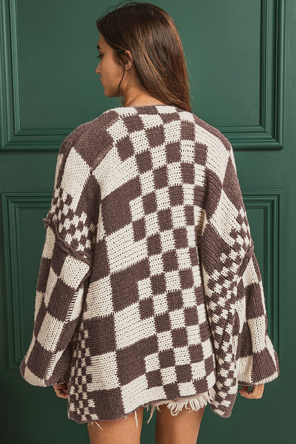 Rose Red Colorblock Checked Open Front Knitted Cardigan