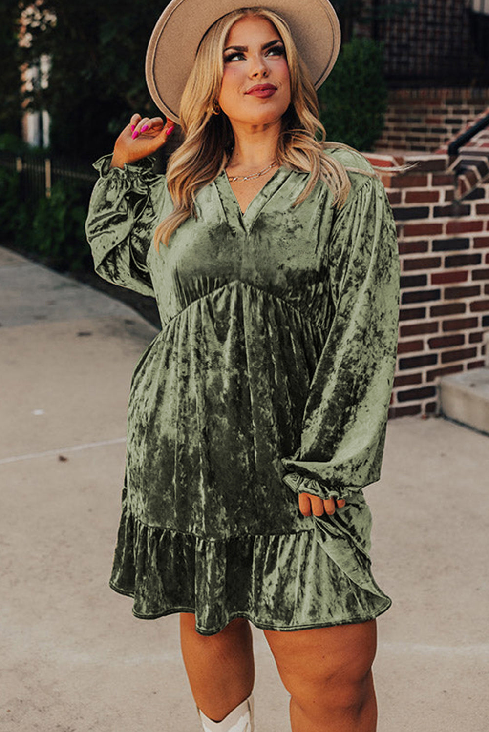 Coffee Plus Size Velvet Babydoll Mini Dress