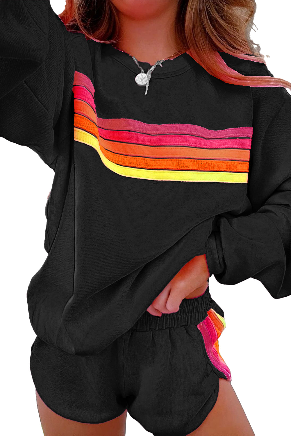Beau Blue Colorful Striped Long Sleeve Pullover and Shorts Set