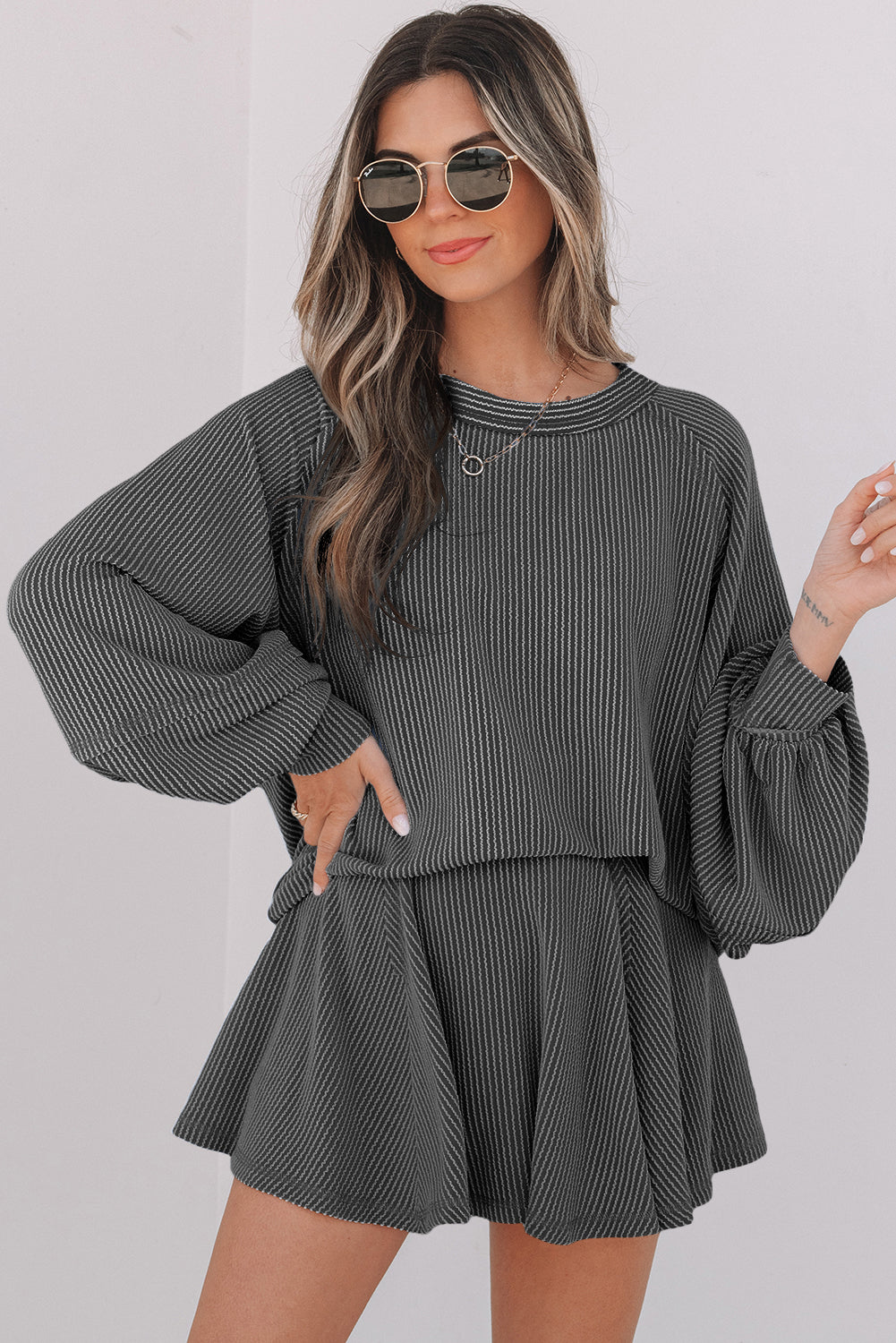 Mist Green Corded Lantern Sleeve Top High Waist Ruffled Mini Skirt Set