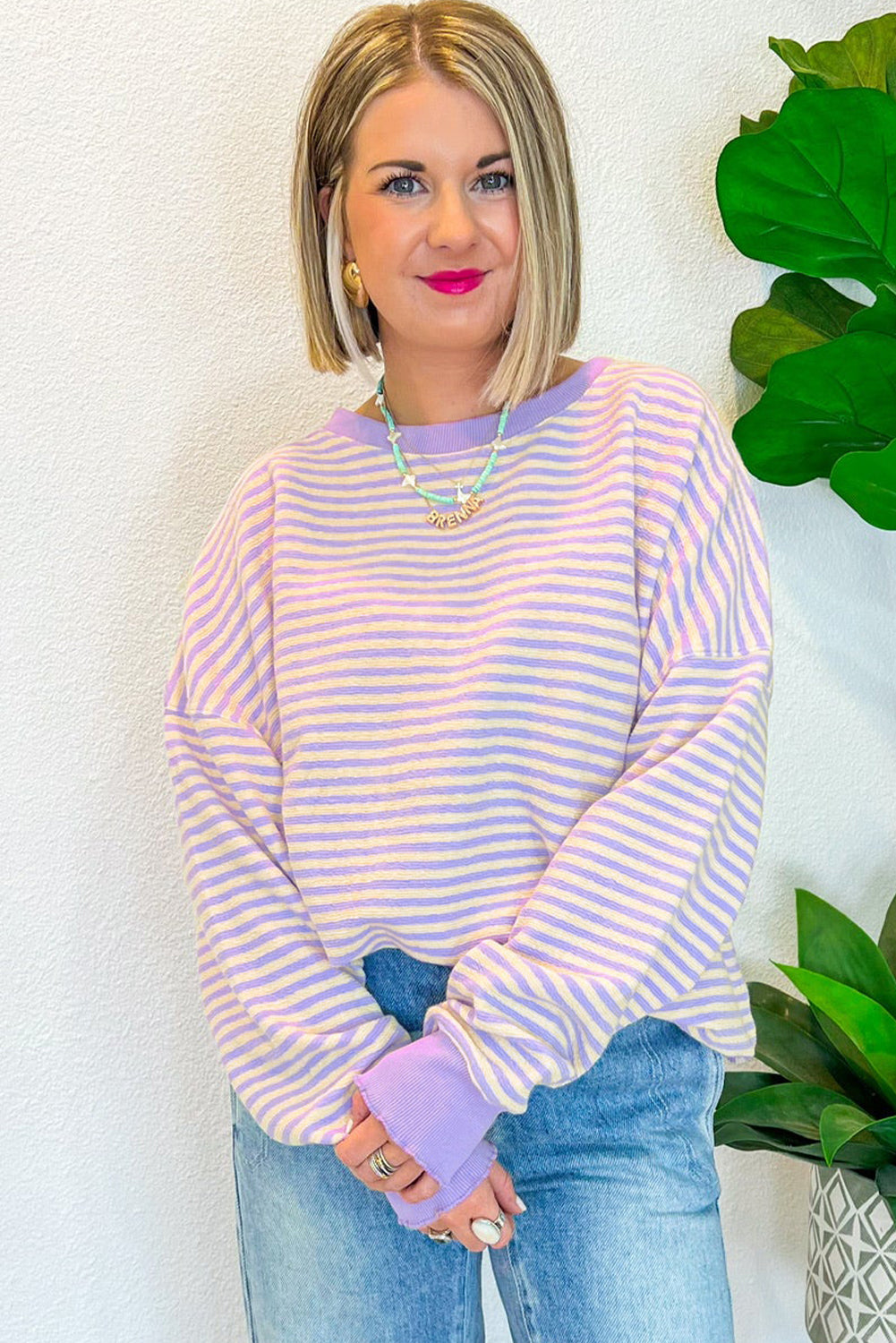 Pink Stripe Drop Shoulder Long Sleeve Top