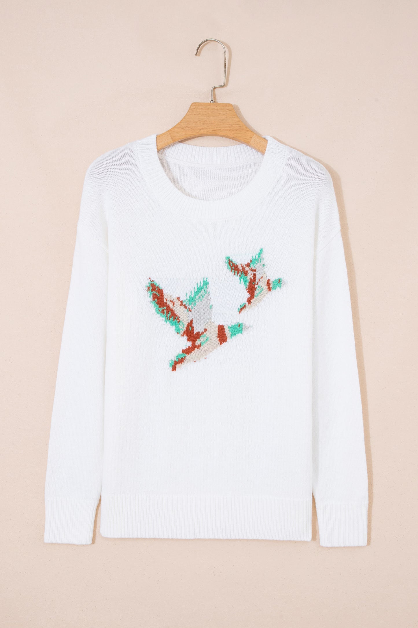 White Retro Flying Mallard Pattern Drop Shoulder Pullover Sweater