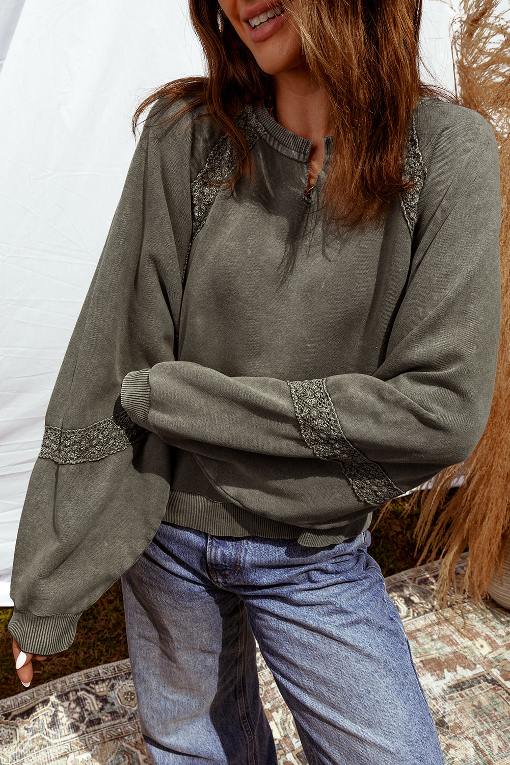 Rose Red Lace Applique Notched Neck Mineral Wash Baggy Sweatshirt