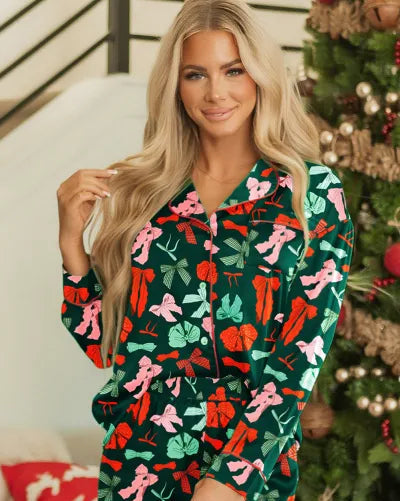 Green Festive Bow Print Long Sleeve Shirt and Pajama Short Set