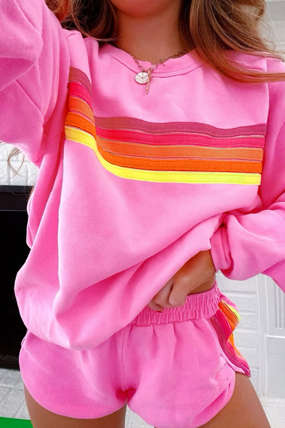 Beau Blue Colorful Striped Long Sleeve Pullover and Shorts Set