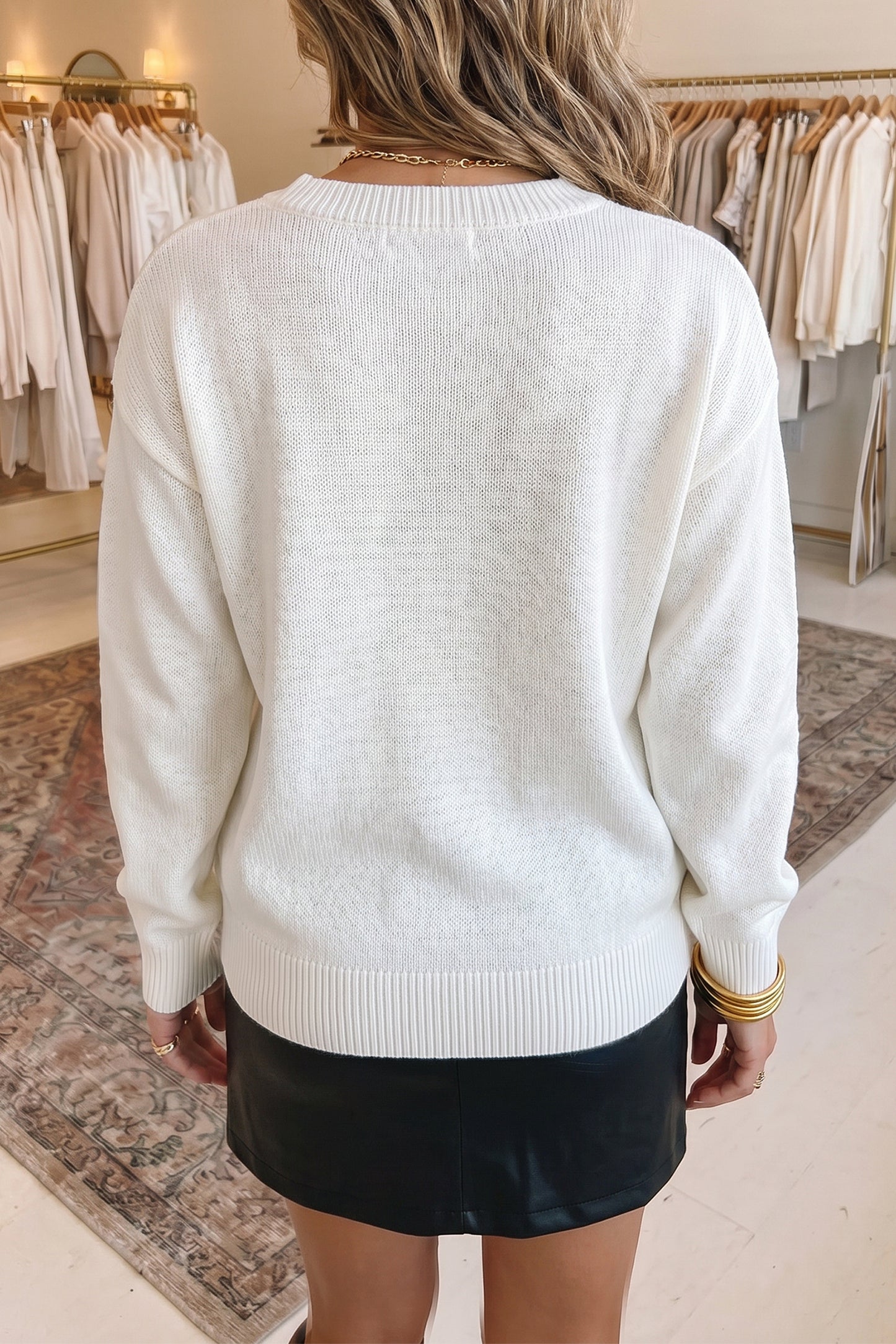 White Retro Flying Mallard Pattern Drop Shoulder Pullover Sweater