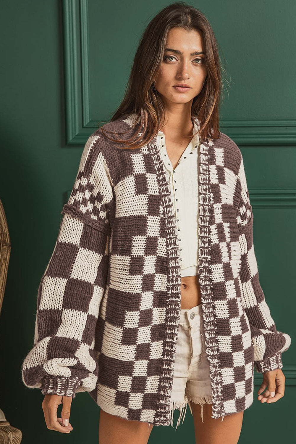 Rose Red Colorblock Checked Open Front Knitted Cardigan