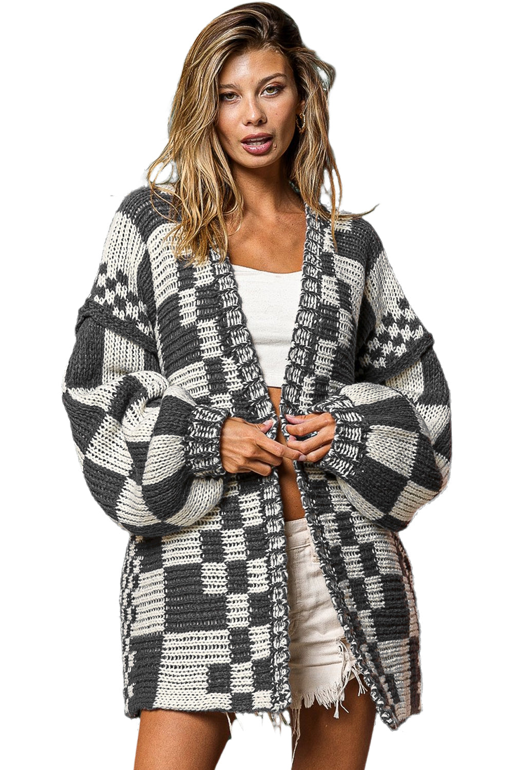 Rose Red Colorblock Checked Open Front Knitted Cardigan