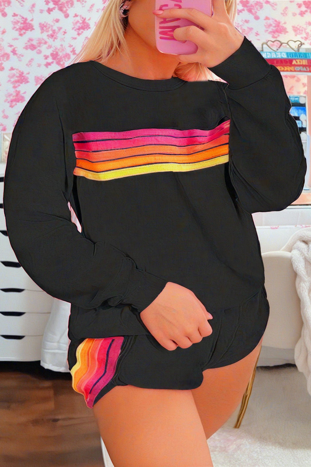 Beau Blue Colorful Striped Long Sleeve Pullover and Shorts Set