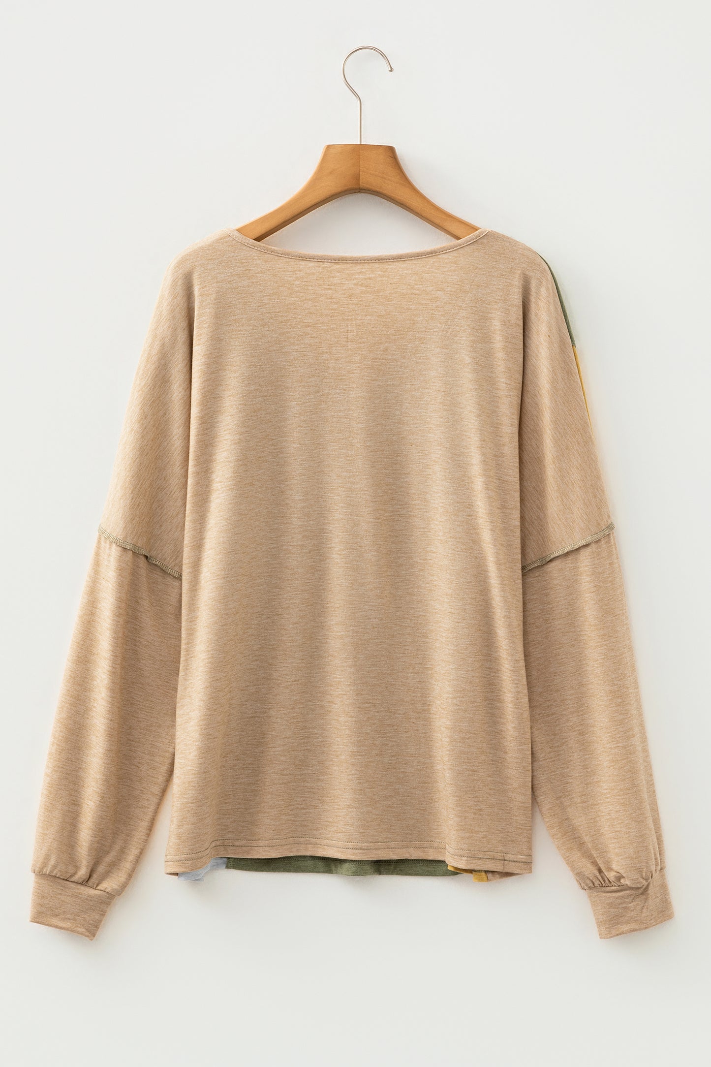 Sail Blue Exposed Stitching Colorblock V Neck Long Sleeve Top