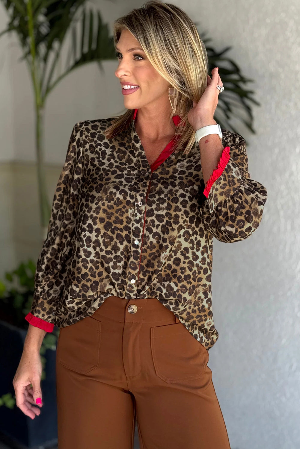 Brown Fierce Leopard Allure Contrast Ruffle Trim V Neck Shirt
