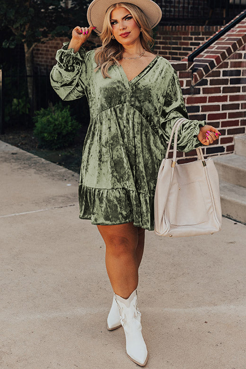 Coffee Plus Size Velvet Babydoll Mini Dress