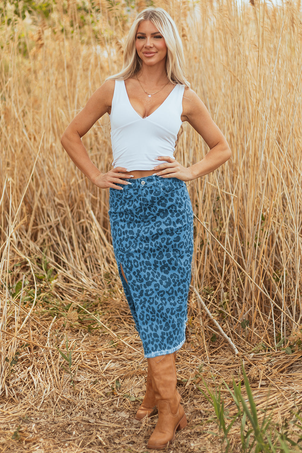 Brown Leopard Denim Frayed Split Denim Midi Skirt