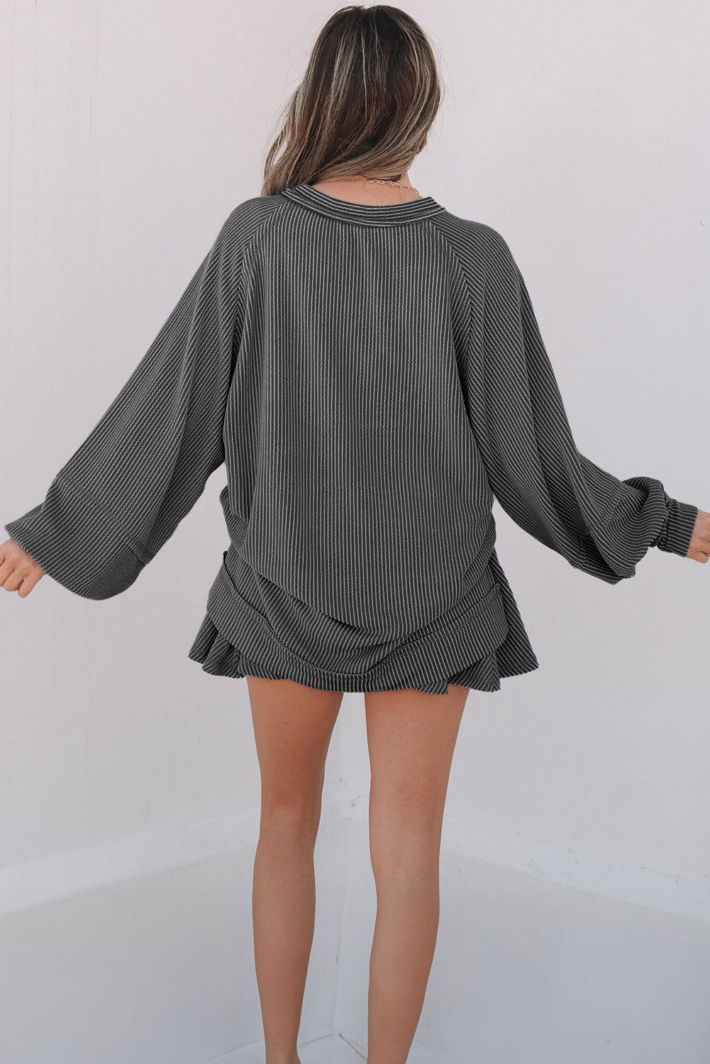 Mist Green Corded Lantern Sleeve Top High Waist Ruffled Mini Skirt Set