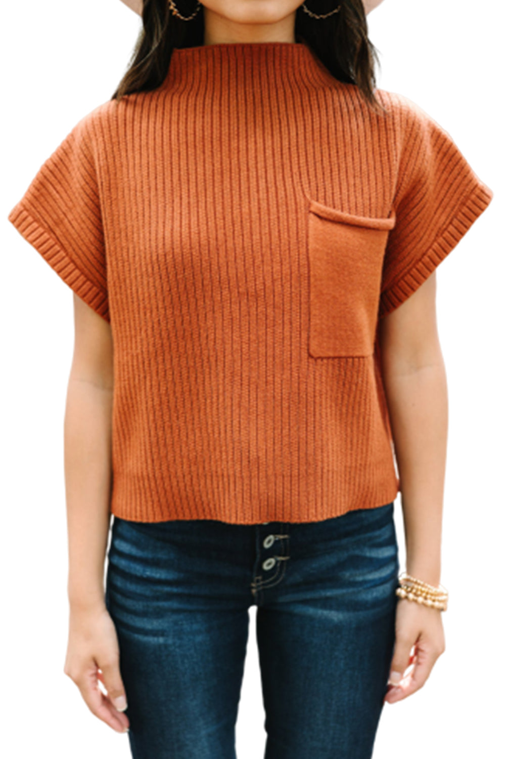 Pink Patch Pocket Ribbed Knit Short Sleeve Sweater