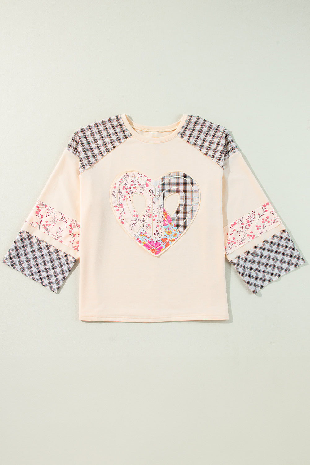 ベージュ チェック フローラル ピース ハート グラフィック ワイド ロング スリーブ トップ