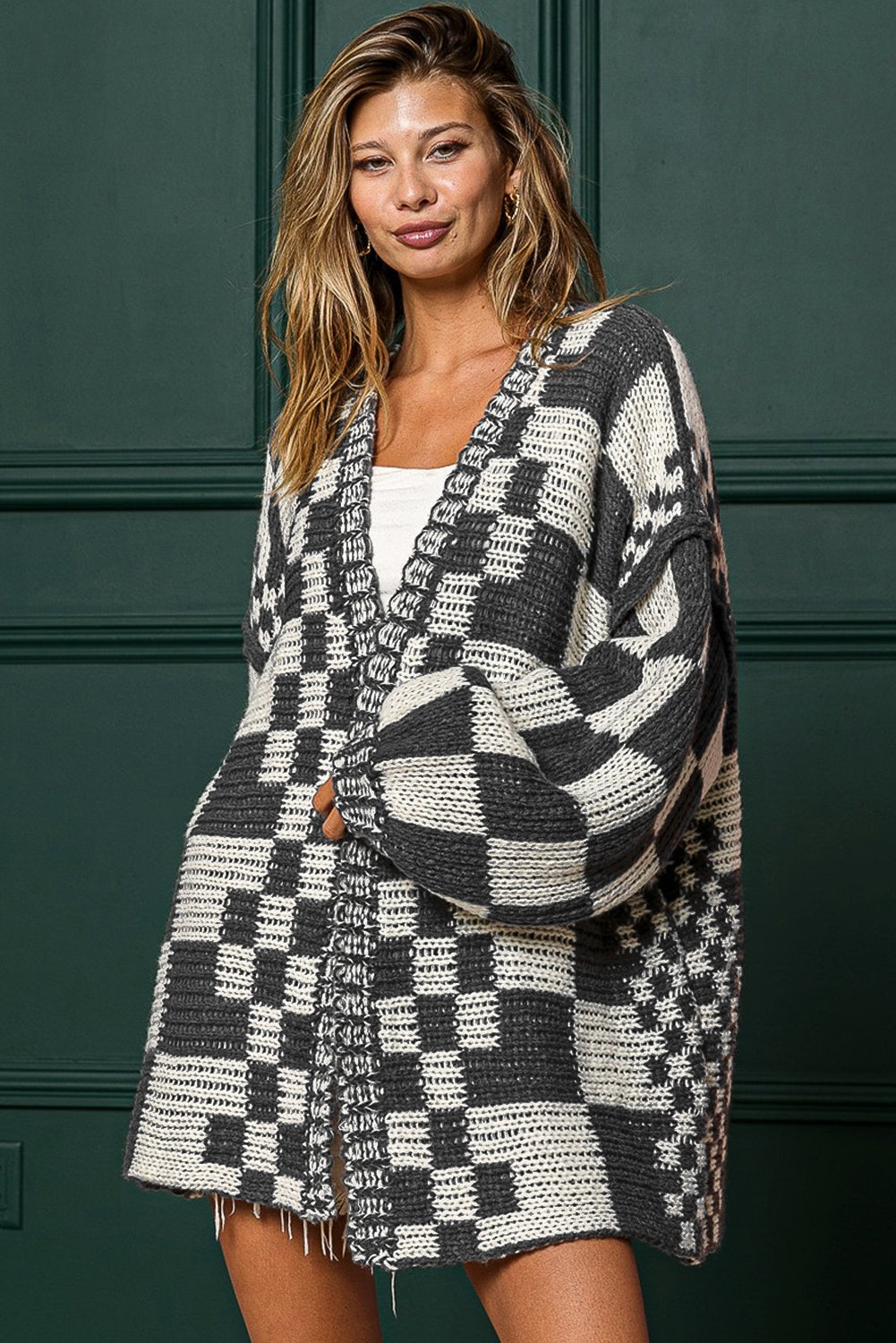 Rose Red Colorblock Checked Open Front Knitted Cardigan