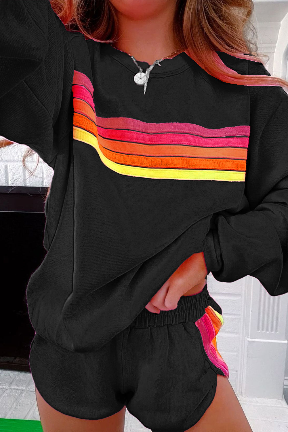 Beau Blue Colorful Striped Long Sleeve Pullover and Shorts Set