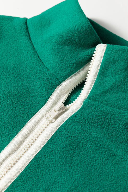 Dark Green Half Zip Contrast Trim Pocketed Plus Size Fleece Sweatshirt