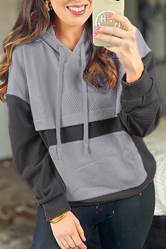 Sudadera con capucha de hombros caídos con bolsillo de canguro y bloques de color texturizados gris