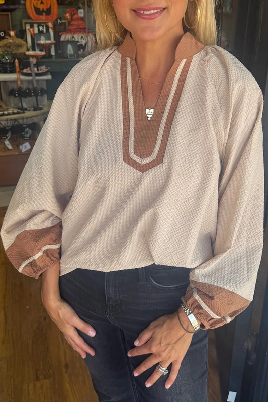 Jet Stream Colorblock Contrast V-neck Long Sleeve Blouse