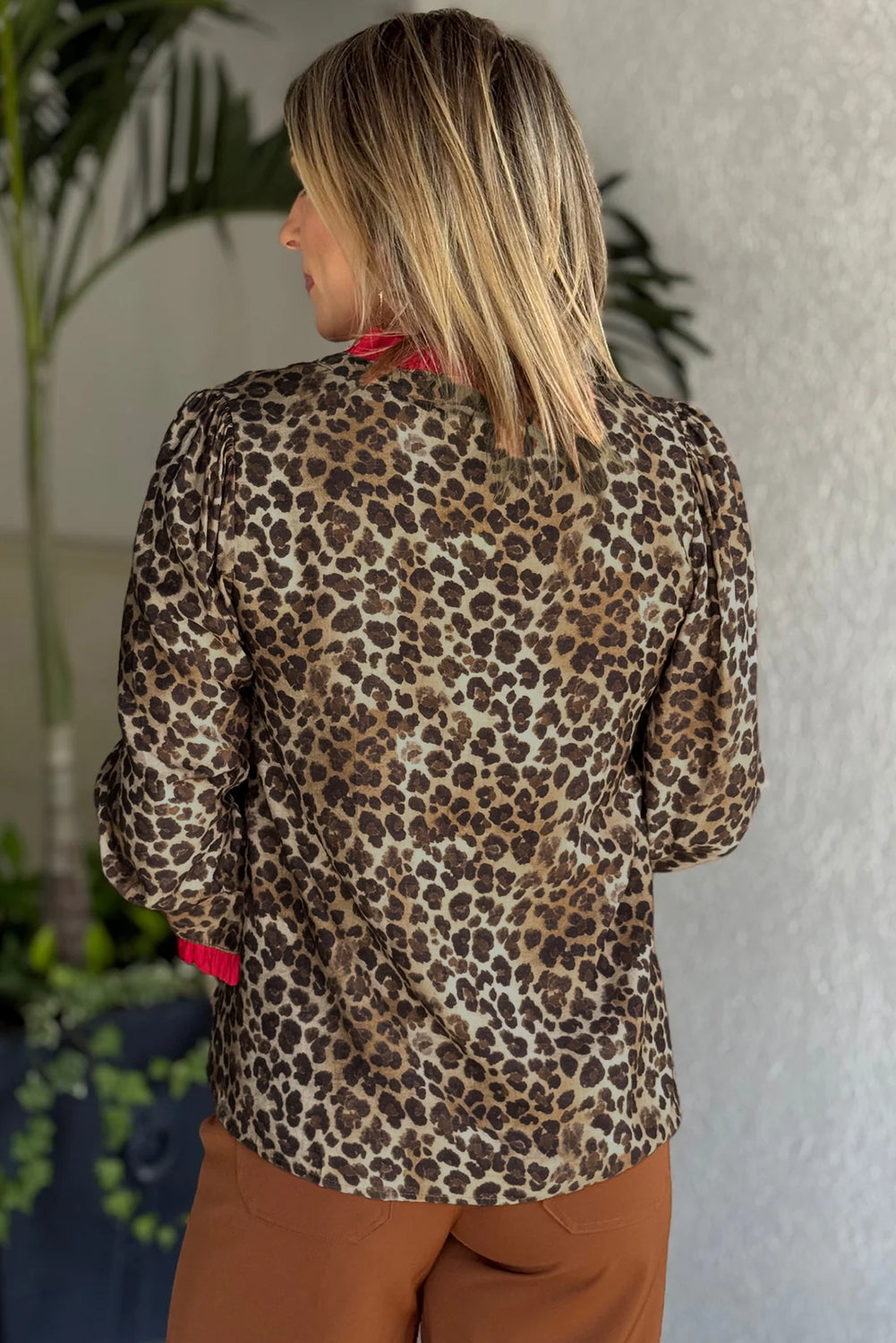 Brown Fierce Leopard Allure Contrast Ruffle Trim V Neck Shirt