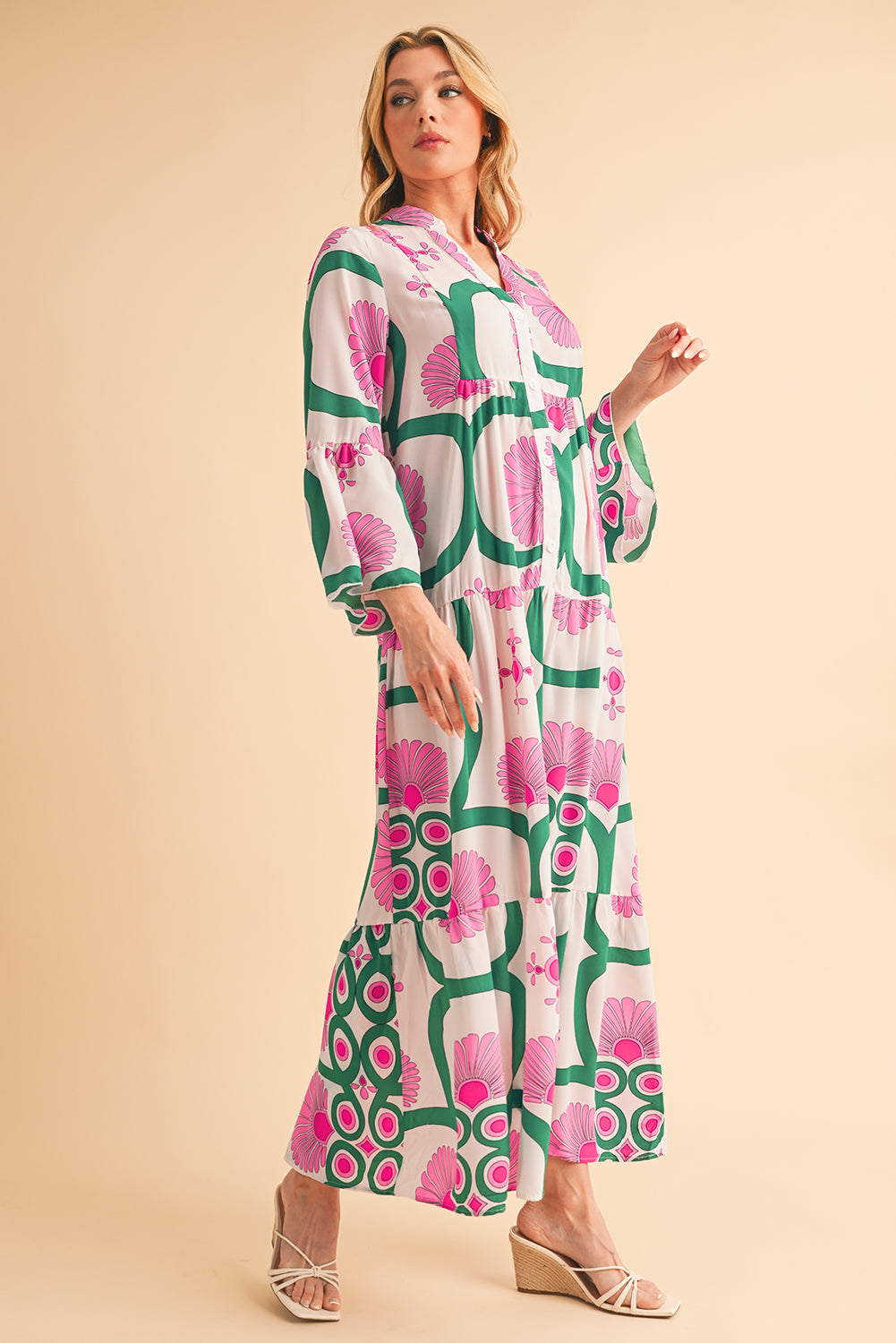 Pink Boho Abstract Button V Neck Oversized Maxi Dress