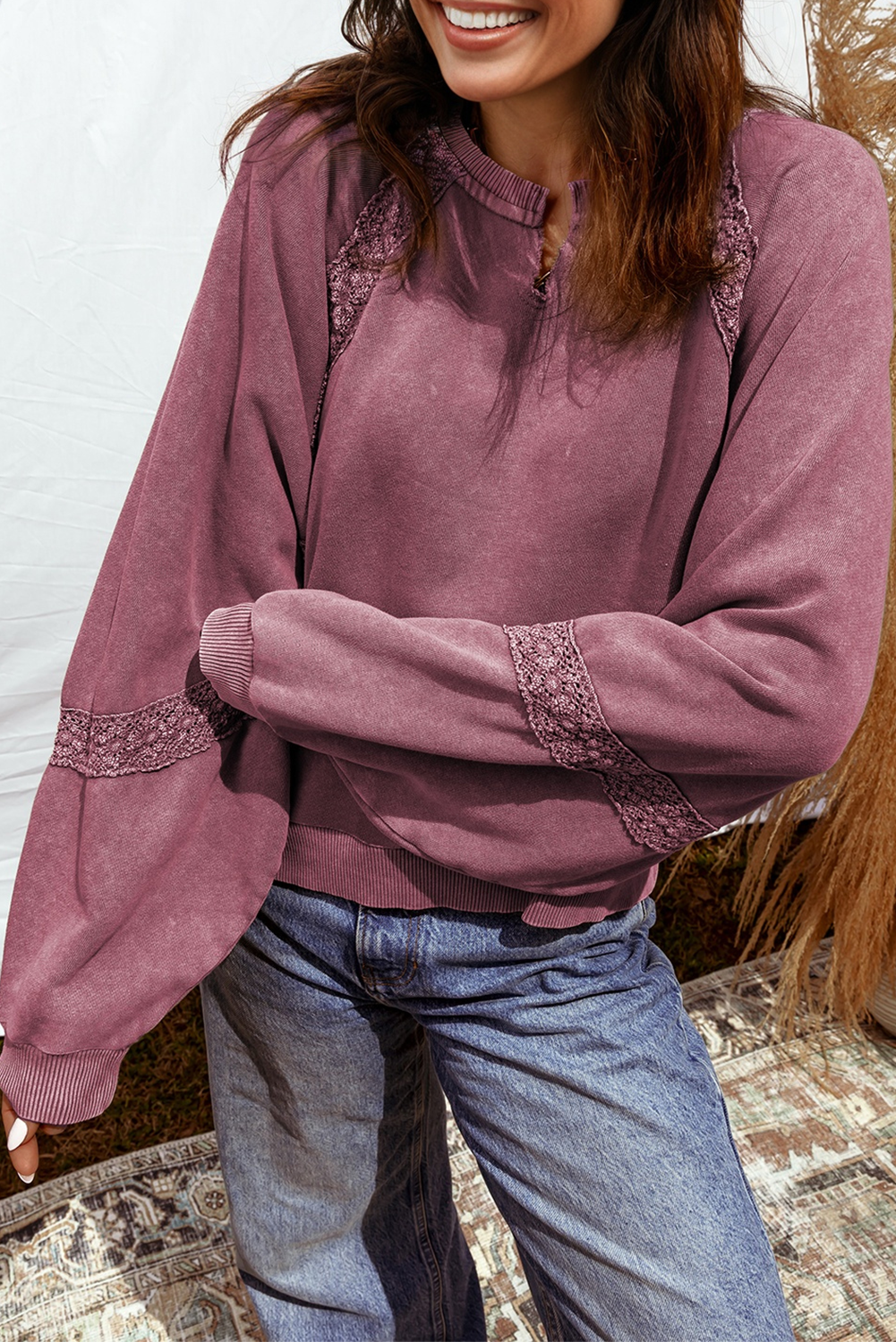 Rose Red Lace Applique Notched Neck Mineral Wash Baggy Sweatshirt