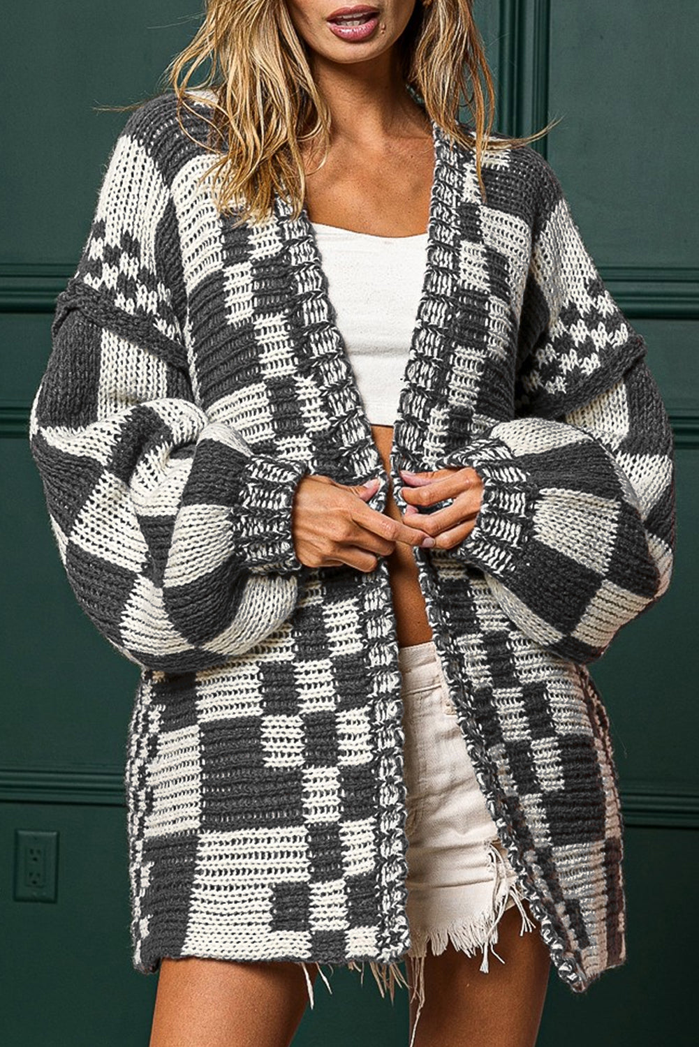 Rose Red Colorblock Checked Open Front Knitted Cardigan