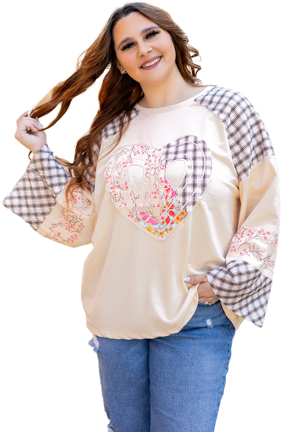 ベージュ チェック フローラル ピース ハート グラフィック ワイド ロング スリーブ トップ