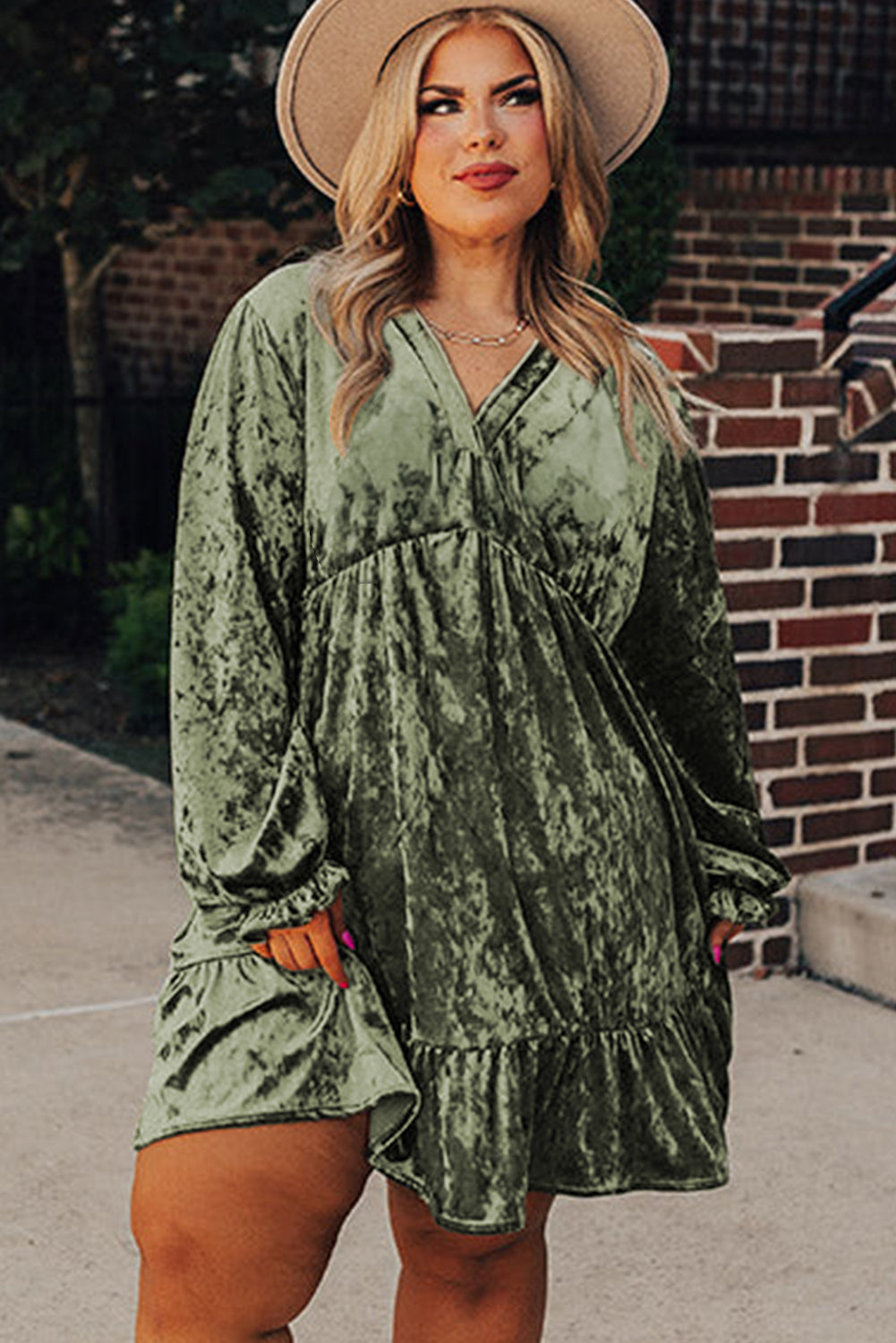 Coffee Plus Size Velvet Babydoll Mini Dress