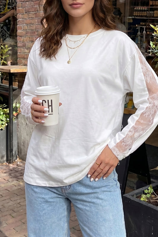 White Sheer Lace Splicing Long Sleeve Shift Top