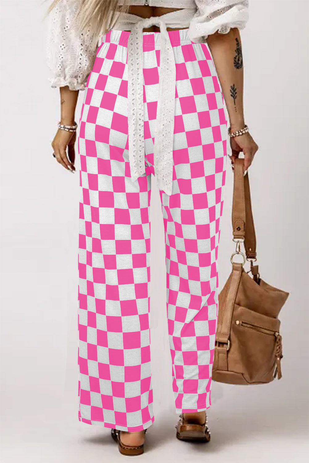 Bonbon Pantalones anchos de cintura alta con estampado de cuadros en dos tonos