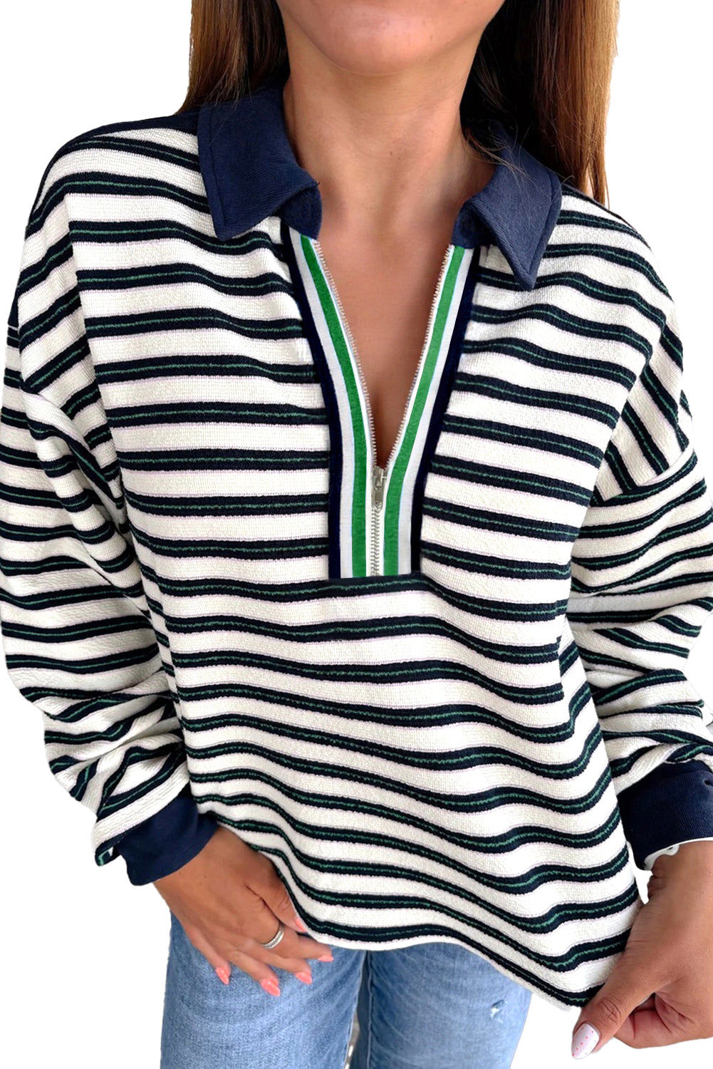 Racing Red Pop of Color V Neck Striped Long Sleeve Top