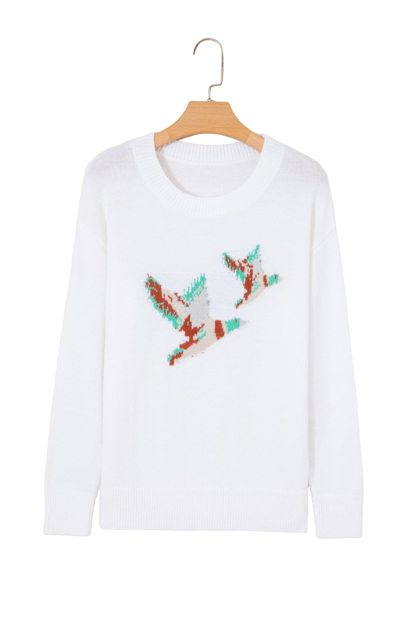 White Retro Flying Mallard Pattern Drop Shoulder Pullover Sweater