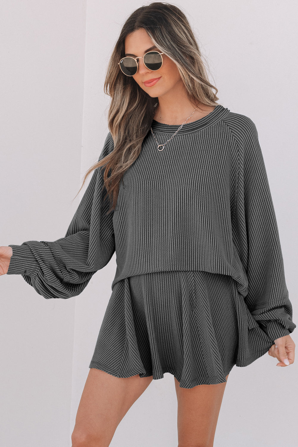 Mist Green Corded Lantern Sleeve Top High Waist Ruffled Mini Skirt Set