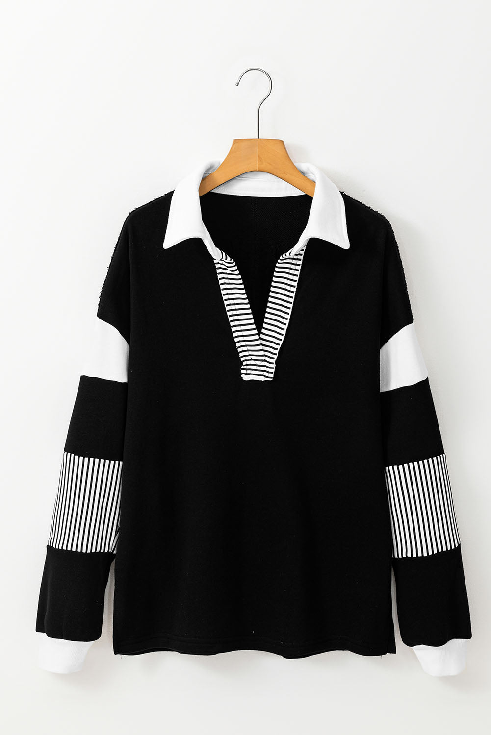 Sail Blue Striped Colorblock Patchwork Collar Sweatshirt