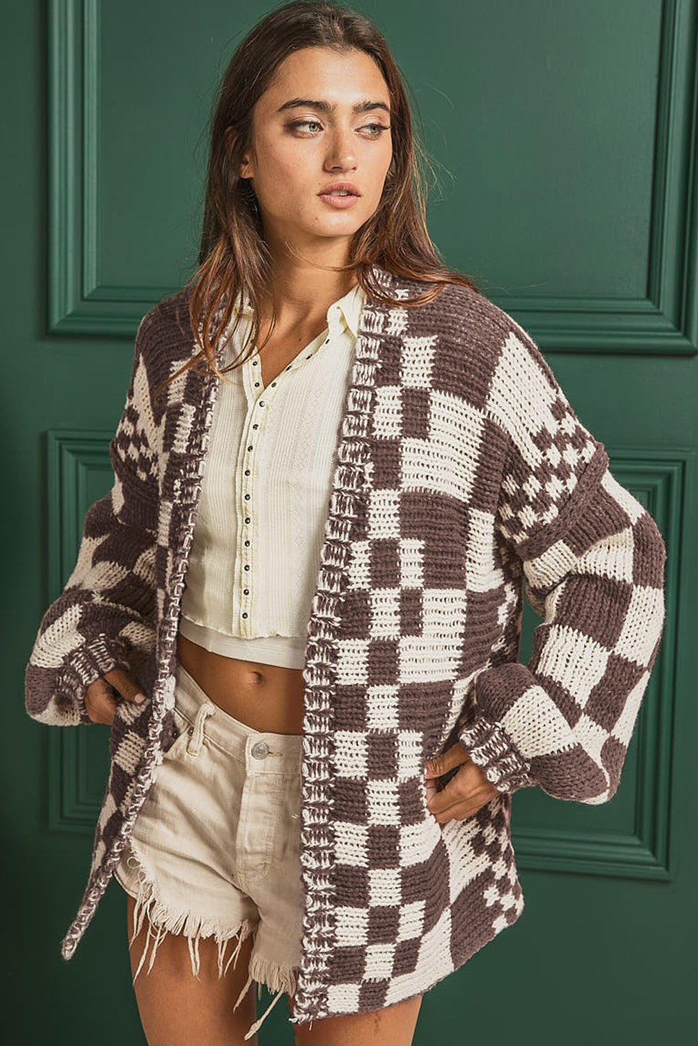 Rose Red Colorblock Checked Open Front Knitted Cardigan
