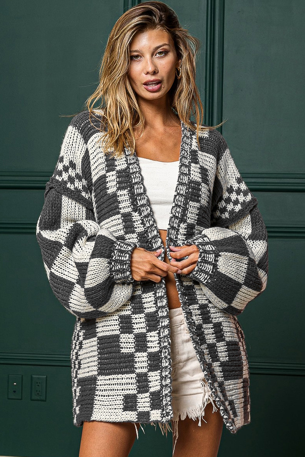 Rose Red Colorblock Checked Open Front Knitted Cardigan