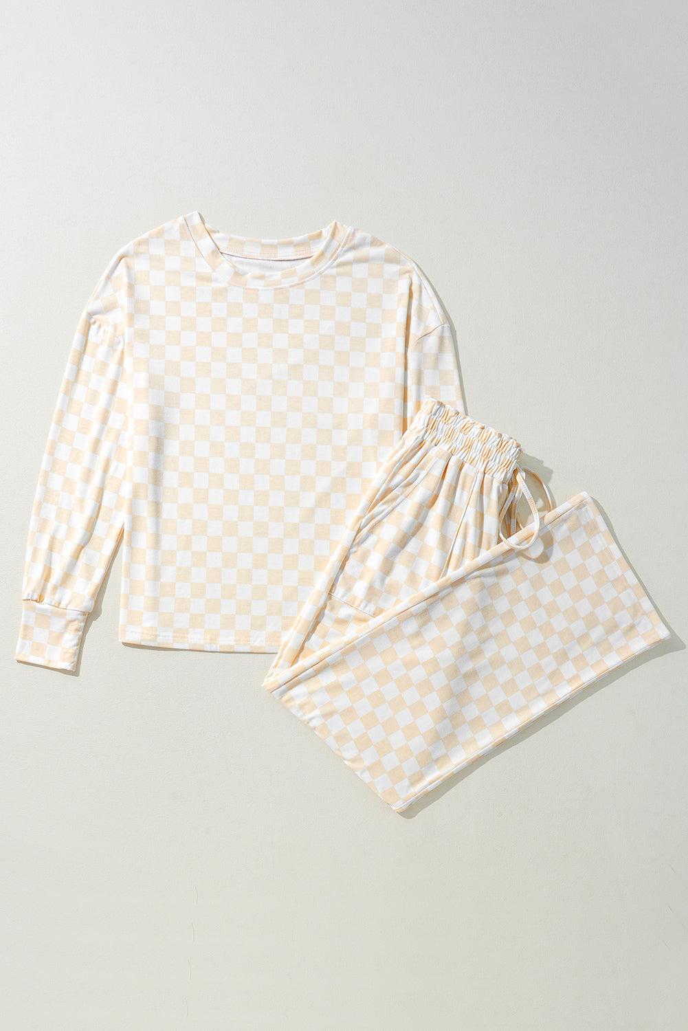 Beige Checkered Print Long Sleeve Loose Fit Pajama Set